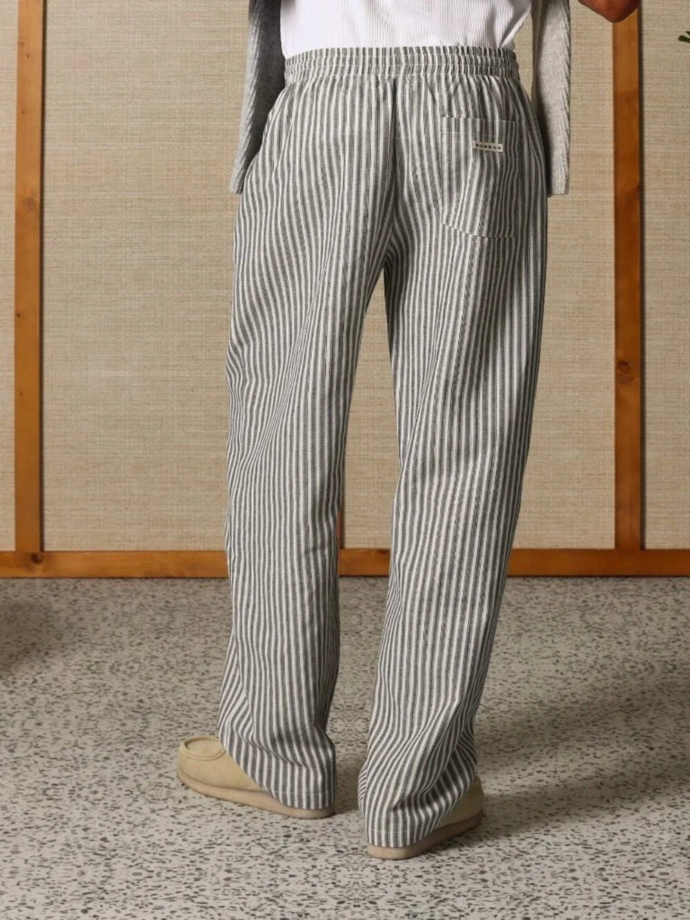 Grey Striped Men's Loose Elastic Waist Straight Lounge Pants